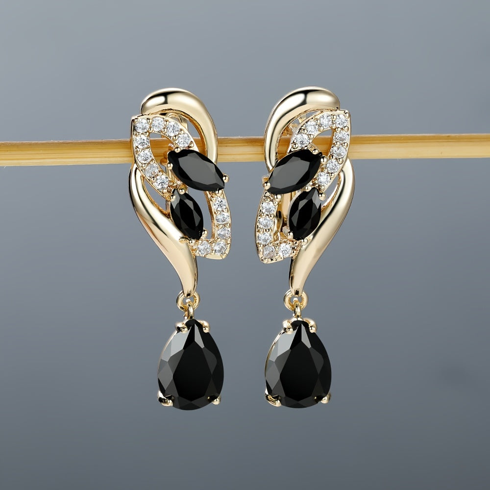 ANGOL Romantic Flower Dangle Earrings for Women - Golden-Tone Floral Design with Red & Clear Synthetic Gemstones, Elegant Party & Everyday Jewelry Gifts