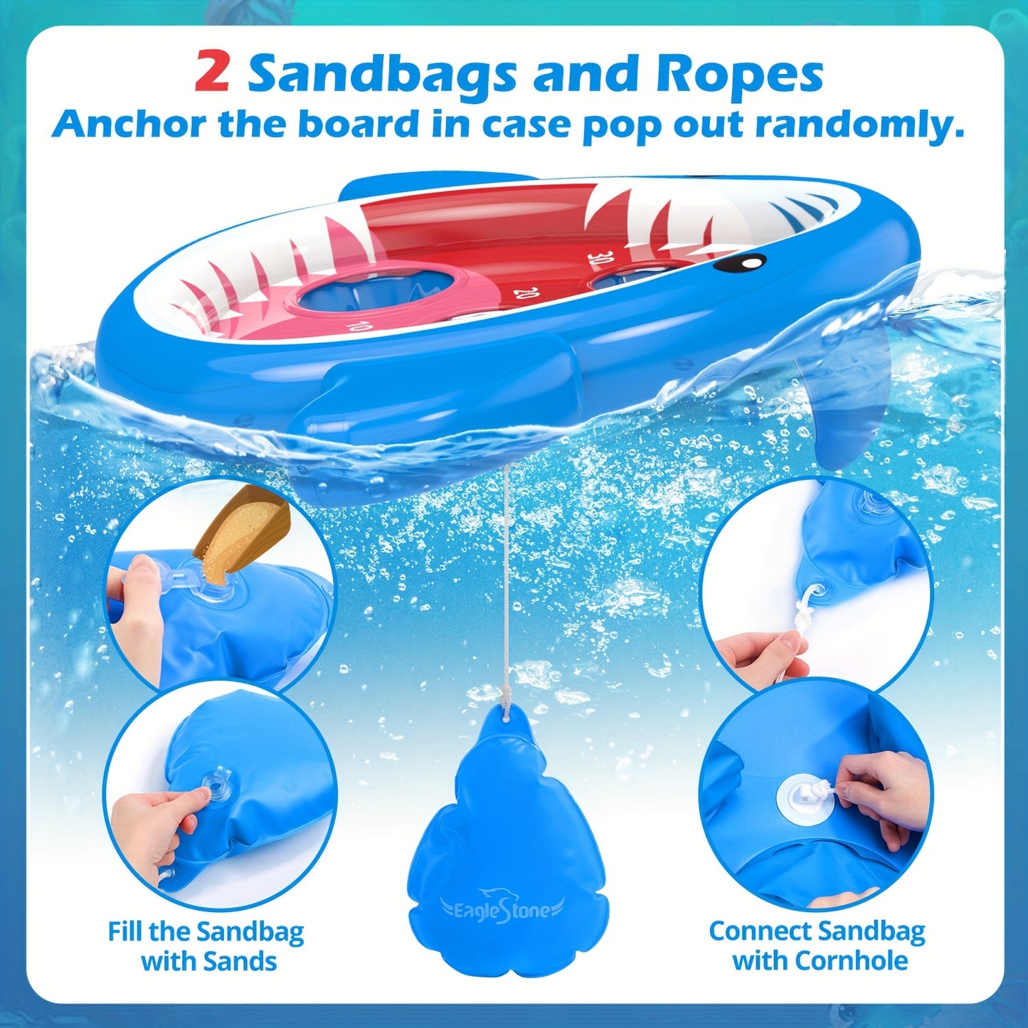 Eaglestone 2pcs Pool Shark Cornhole Toys For Kids, Inflatable Swimming Pool Toys For Adults Family, 8 Bean Bags Toss Game W/Sandbag Anchor, Floating Outdoor Beach Toys For Pool Game Party, Water Toy