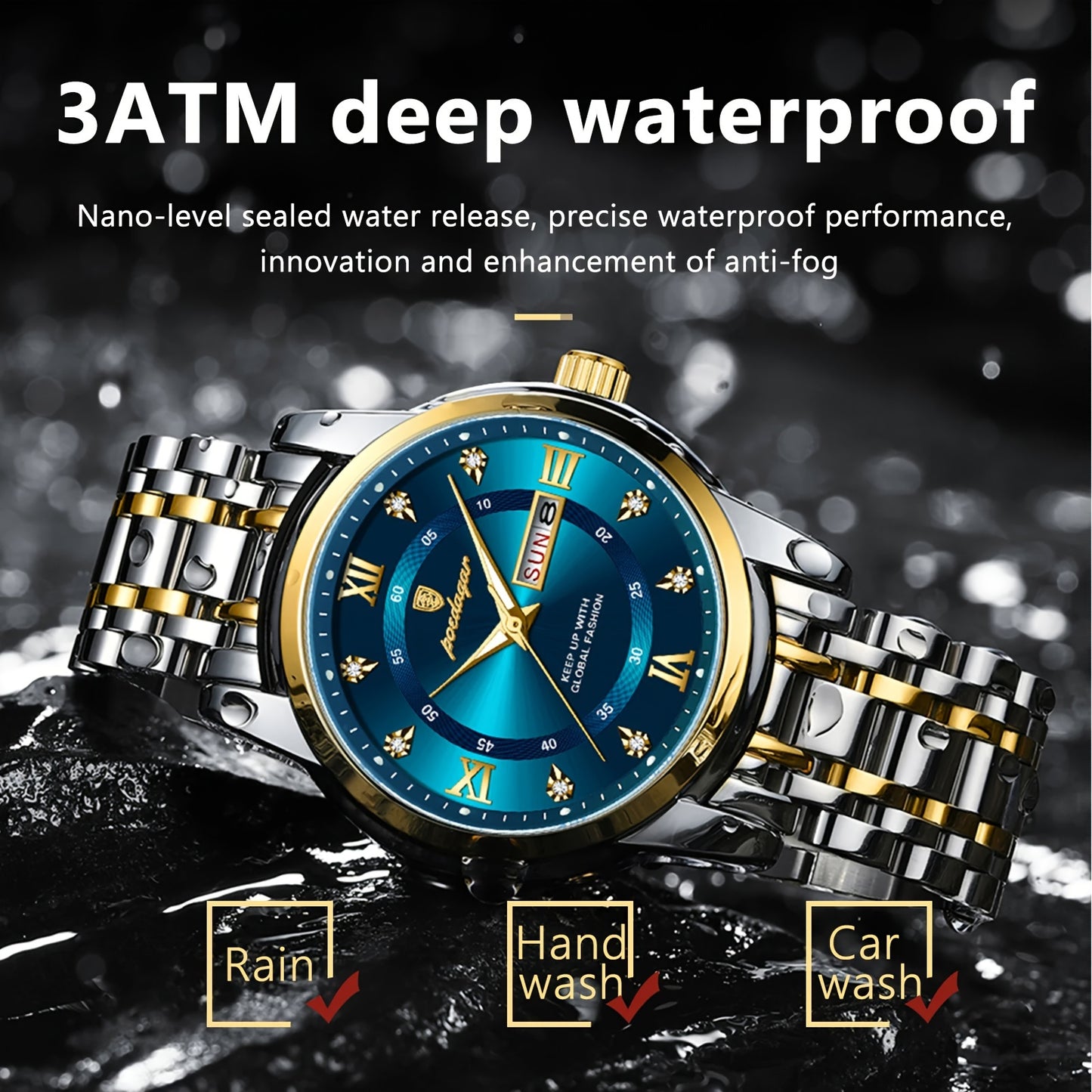 Elegant Date Week Waterproof Luminous Quartz Watch, Stainless Steel Sports Men's Watches