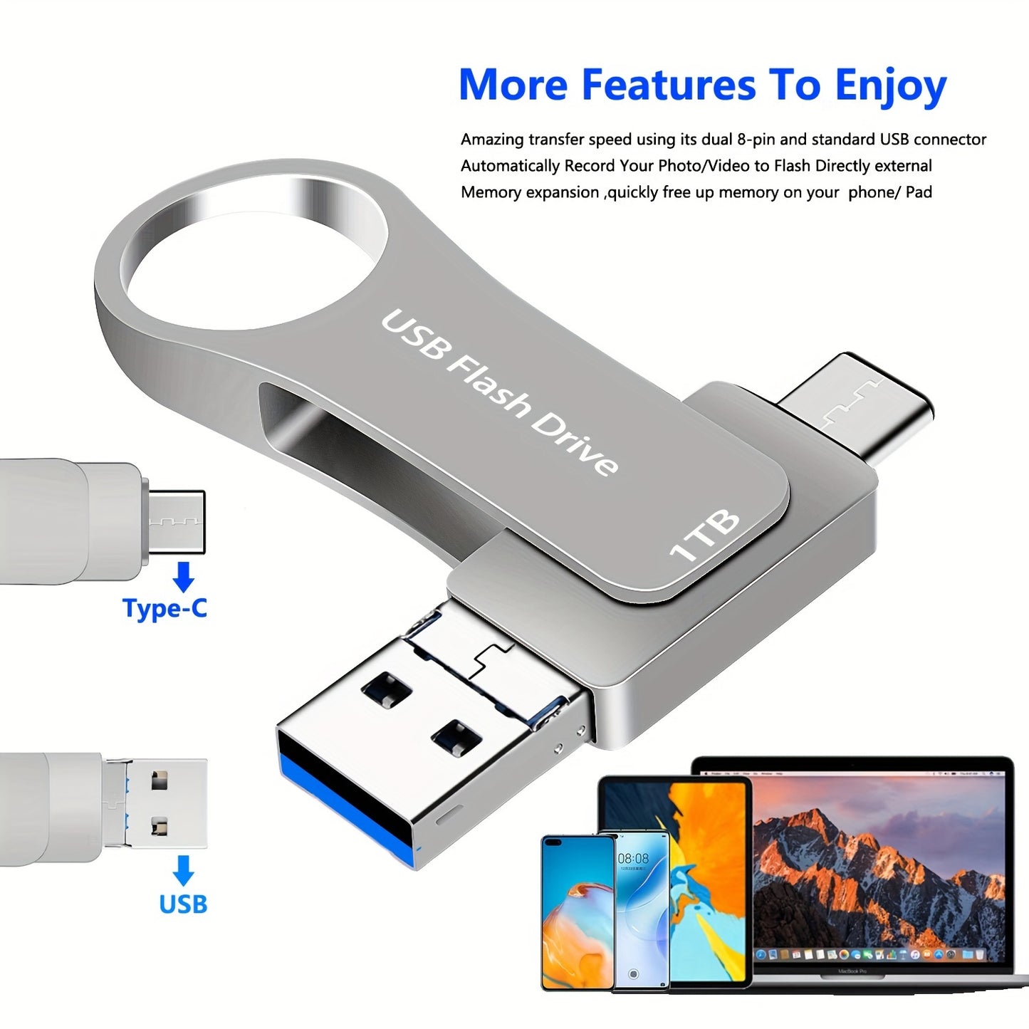 1TB High-Speed USB C Flash Drive - Dual USB 3.0 Memory Stick for Android Phones, MacBook Pro, iPad, Laptop, Computer, and PC - External Data Storage with Fast File Transfer, Compact Design, and Reliable Performance
