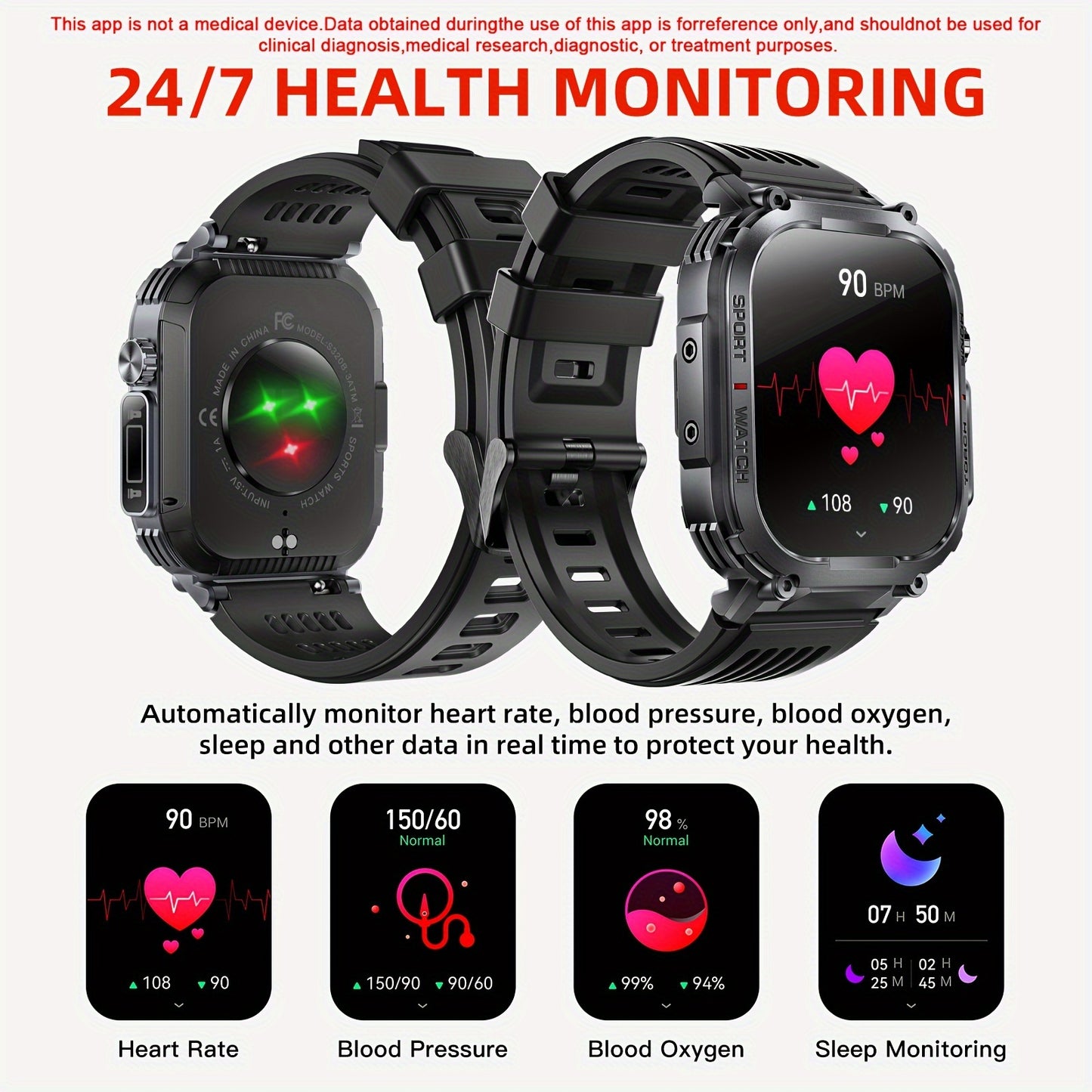 2.02" Smartwatch IP68 Waterproof for Men Women, Answer/Dial Calls Watch with LED Flashlight, Full Touch Screen Compatible with iPhone and Android Phones - Black