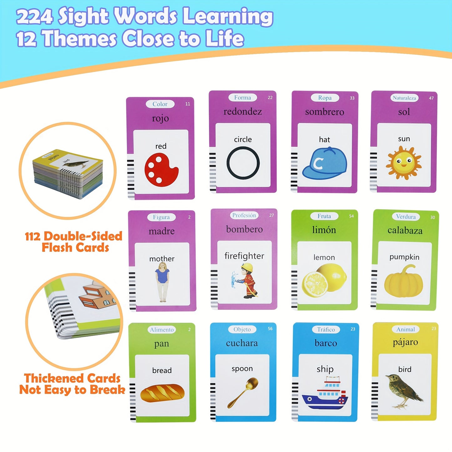 224 Words Spanish & English Bilingual Talking Flash Cards, Sensory Speech Audible Toys For Kids To Learn Spanish, Pocket Vocabulary Educational Game Christmas Thanksgiving Birthday Gift