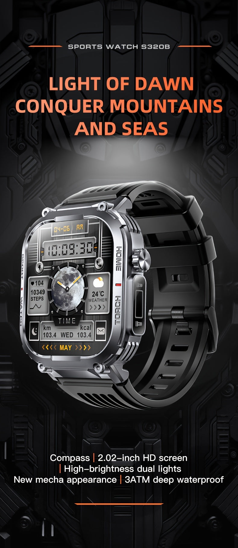 2.02" Smartwatch IP68 Waterproof for Men Women, Answer/Dial Calls Watch with LED Flashlight, Full Touch Screen Compatible with iPhone and Android Phones - Black