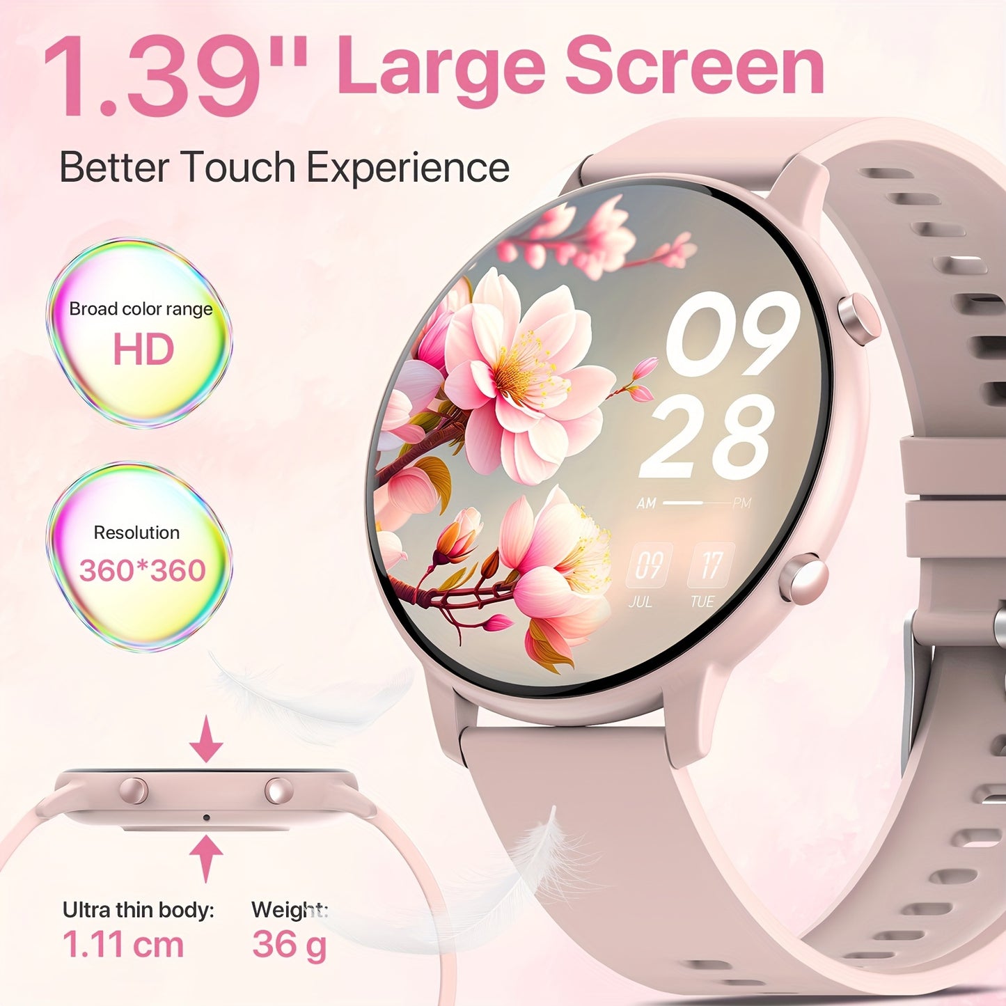 1.39-inch Women's Smart Watch with Full Touch Screen, Make/Receive Calls, Message Push, Fitness Tracker, Pedometer, 100+ Sports Modes for iPhone/Android Phones