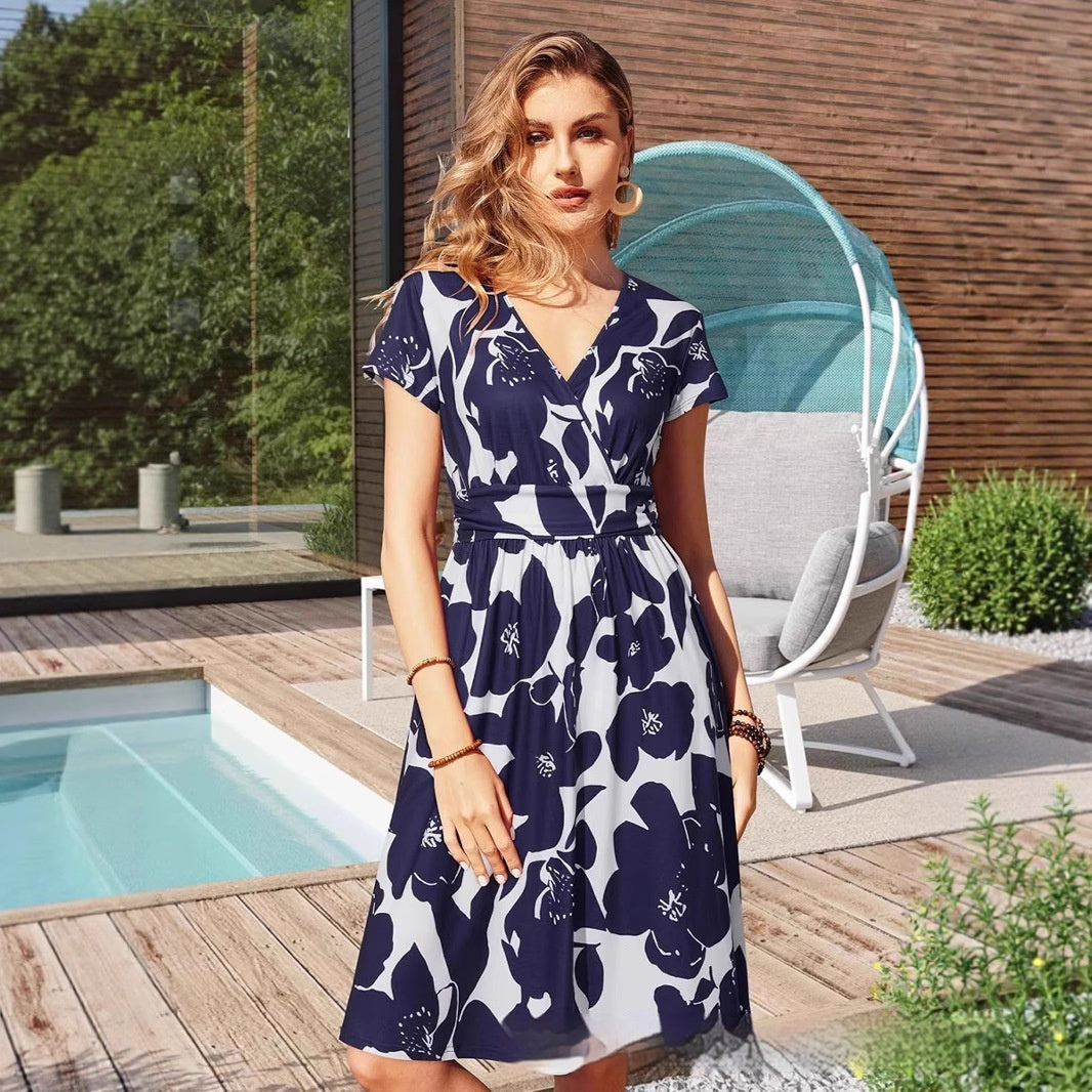 Vacation-style Chic Sundress With V-neck And Floral Print