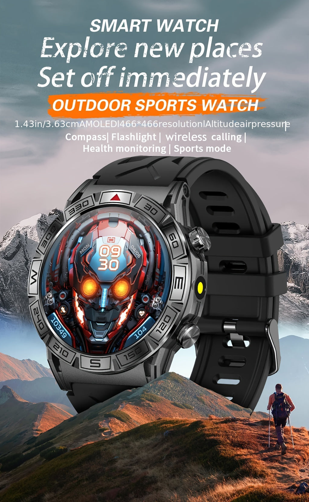 2024 New Outdoor Sport Smart Watch Men Women 1.43" AMOLED 450mAh Battery Wireless Calls SMS Notification Monitoring GPS Track+Altitude+Barometric Pressure+Compass+Flashlight Smart Watches For Android Iphone