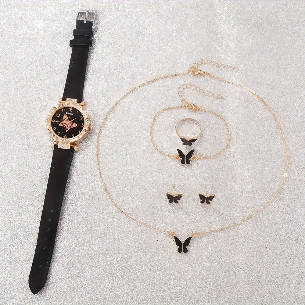 6 Pcs Elegant And Fashionable Watch Leather Strap Quartz Watches With Exquisite Butterfly Jewelry Set Gift For Friends