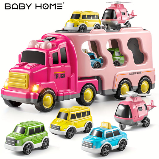 Girls Truck Toys For 3 4 5 6 Year Old Girls, 5-in-1 Friction Power Vehicle Car Toy For Toddlers 3-6, Carrier Toys For Kids 3-5, Christmas Birthday Gifts For Girls Age 3-9