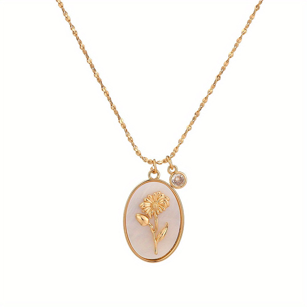 1pc Vintage Elegant 3D Birth Flower Pendant Necklace, 14K Golden Plated Copper with Synthetic December Birthstone, Oval White Shell Charm for Daily & Gift Occasions, Valentine'S Day Jewelry