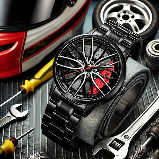 1pc Men's Trendy Black Alloy Sports Car Wheel Hub Design Quartz Watch - Fashionable Wrist Watches with Stylish Hubcap Pattern, Water Resistant and Accurate Timekeeping - Perfect for Outdoor Enthusiasts and Car Lovers