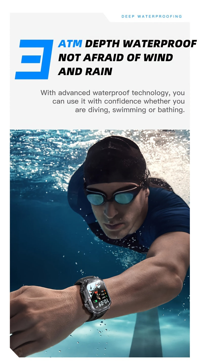 2.02" Smartwatch IP68 Waterproof for Men Women, Answer/Dial Calls Watch with LED Flashlight, Full Touch Screen Compatible with iPhone and Android Phones - Black