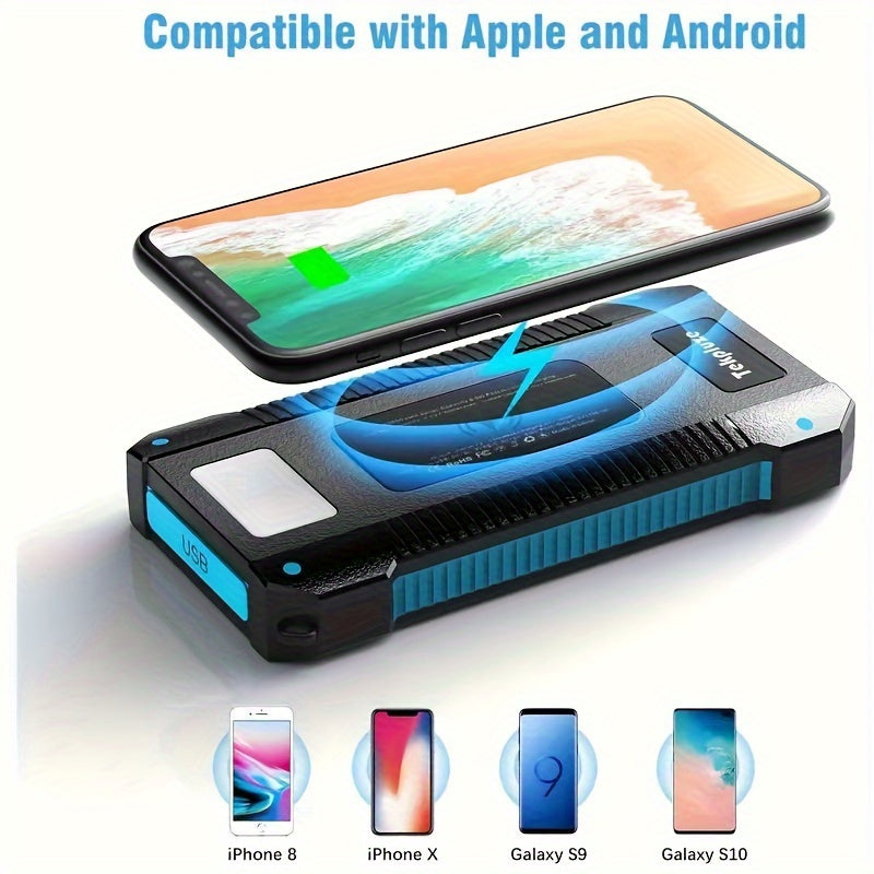 30000mAh Wireless Solar Power Bank with 3 Cables & LED Flashlight, Portable Solar Charger for iPhone & Android Phones