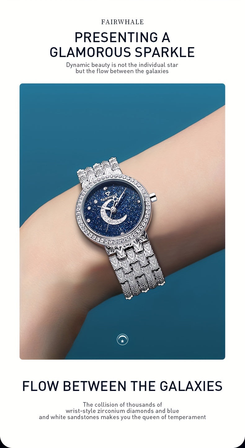 Round Quartz Watches Stainless Steel Strap Alloy Pointer Stainless Steel Rhinestone Dial Luminous Moon Phase Starry Sky Watches Gifts For Eid