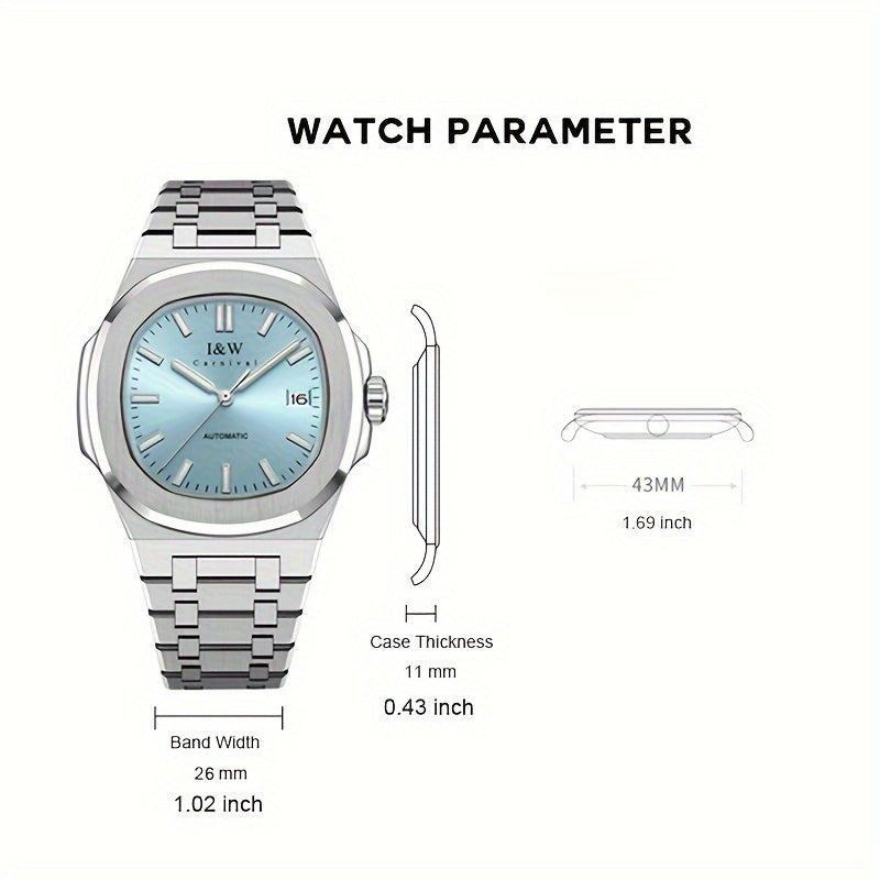 I&W CARNIVAL Men's Automatic Mechanical Watches, Waterproof Strong Luminous Full Steel Auto Date Watch