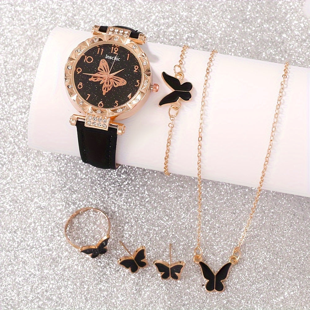 6 Pcs Elegant And Fashionable Watch Leather Strap Quartz Watches With Exquisite Butterfly Jewelry Set Gift For Friends