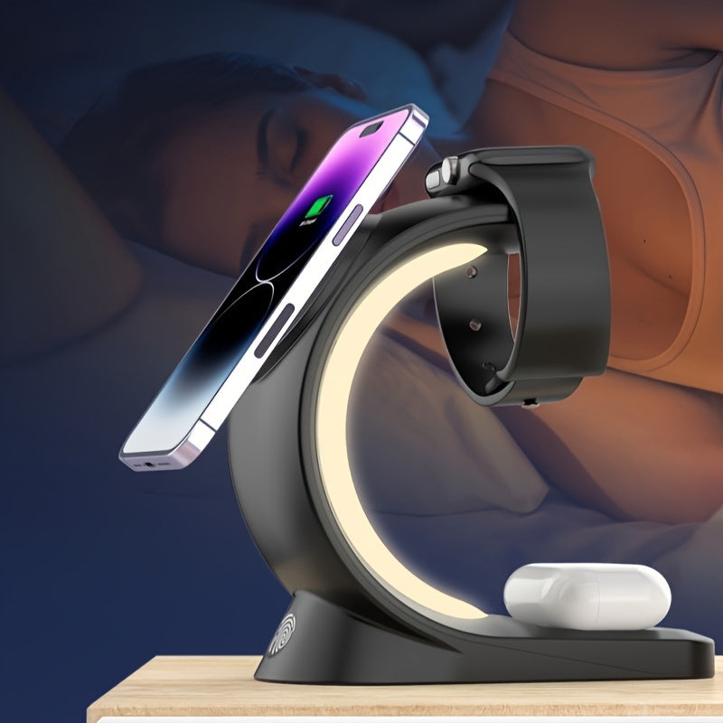 Wireless Charging Station - A Three-in-one Wireless Charging Dock For Watches, Earphones, And Mobile Phones, Suitable For IWatch 8/7/SE/6/5/4/3/2, IPhone 15 14 13 12 Pro Max, With Adjustable Night Light Bedside Lamp And Color