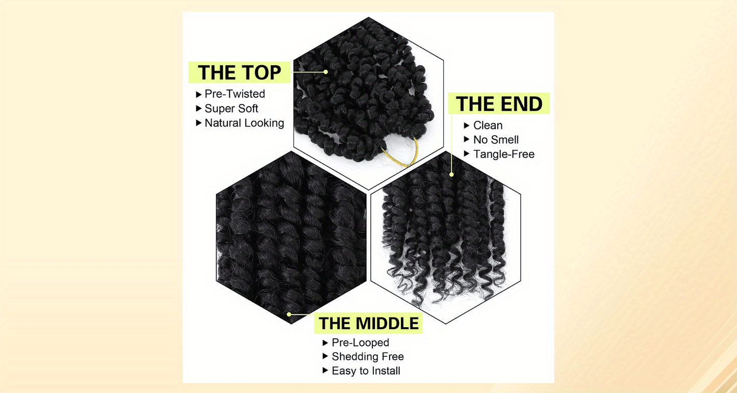 YOROSTAR 8 Inch Pre-Twisted Synthetic Soft Crochet Hair Extensions - 8 Packs, Low Temperature Fiber, Pre-Looped Passion Twist Curly with 6 Inch Hair, Crochet Needle & Hair Rings Gift for Black Women