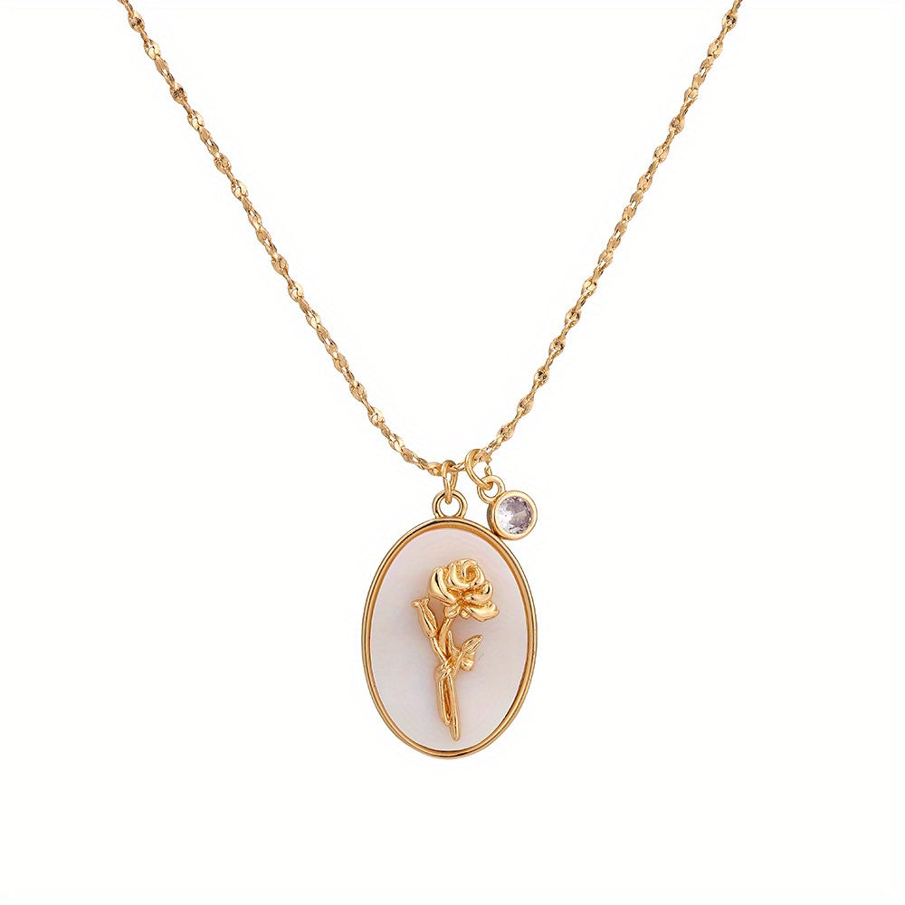 1pc Vintage Elegant 3D Birth Flower Pendant Necklace, 14K Golden Plated Copper with Synthetic December Birthstone, Oval White Shell Charm for Daily & Gift Occasions, Valentine'S Day Jewelry