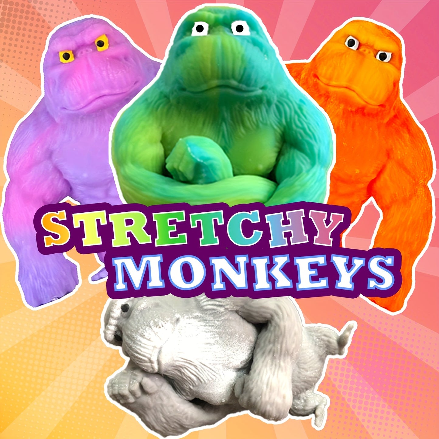4 Pack Funkee Monkee Mega 4 Pack - Stretch, Squish, And Even Squeeze These Monkeys For Stress Relief - Original Sensory/Fidget Collectible Toys For Kids And Adults Halloween Christmas Gifts