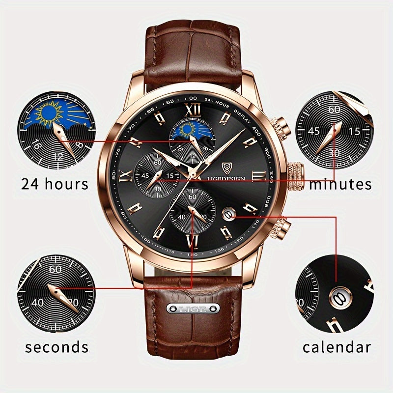 LIGE Men's Watch with Strap. Outdoor Sports Waterproof Watches. Chronograph Luminous Calendar Quartzwatches. Suitable as a Christmas gift.