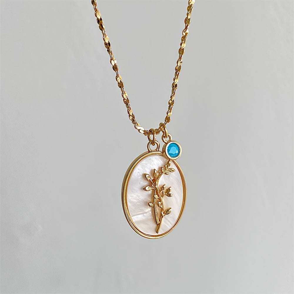 1pc Vintage Elegant 3D Birth Flower Pendant Necklace, 14K Golden Plated Copper with Synthetic December Birthstone, Oval White Shell Charm for Daily & Gift Occasions, Valentine'S Day Jewelry