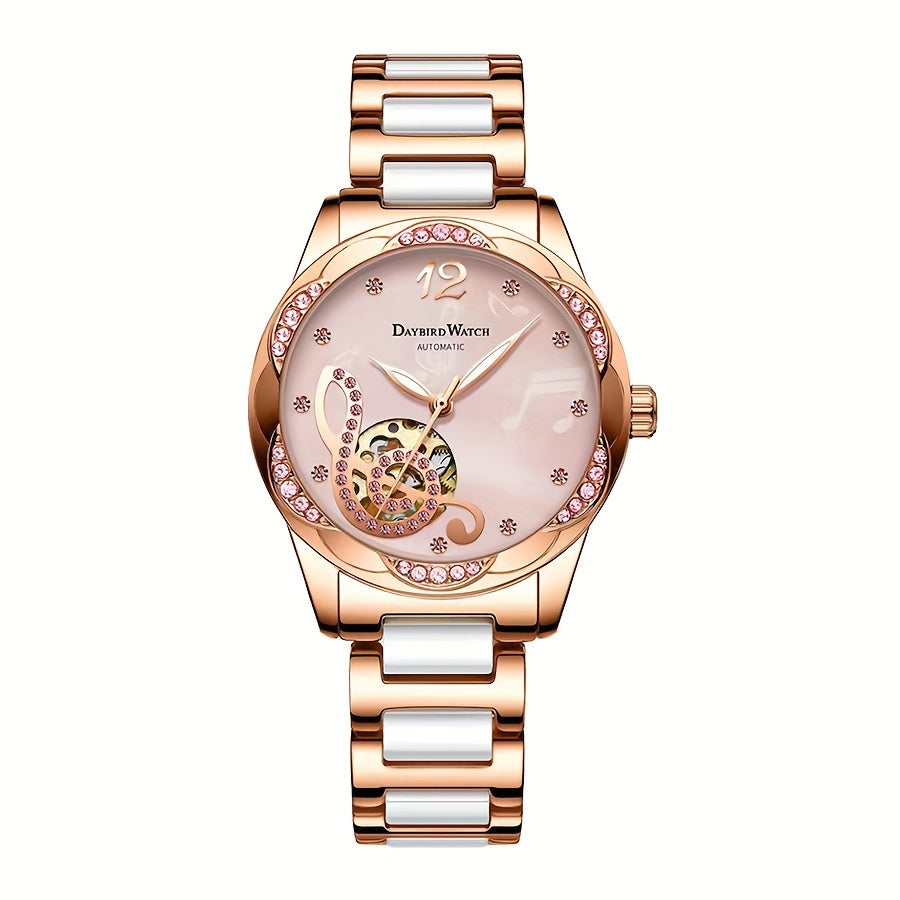 Stunning Rose Golden White Alloy Elegant Casual Style Hollowed Out Mechanical Watch for Women - Girls Watches with Timeless Design, Precise Movement, and Durable Construction - Perfect Accessory for Any Occasion
