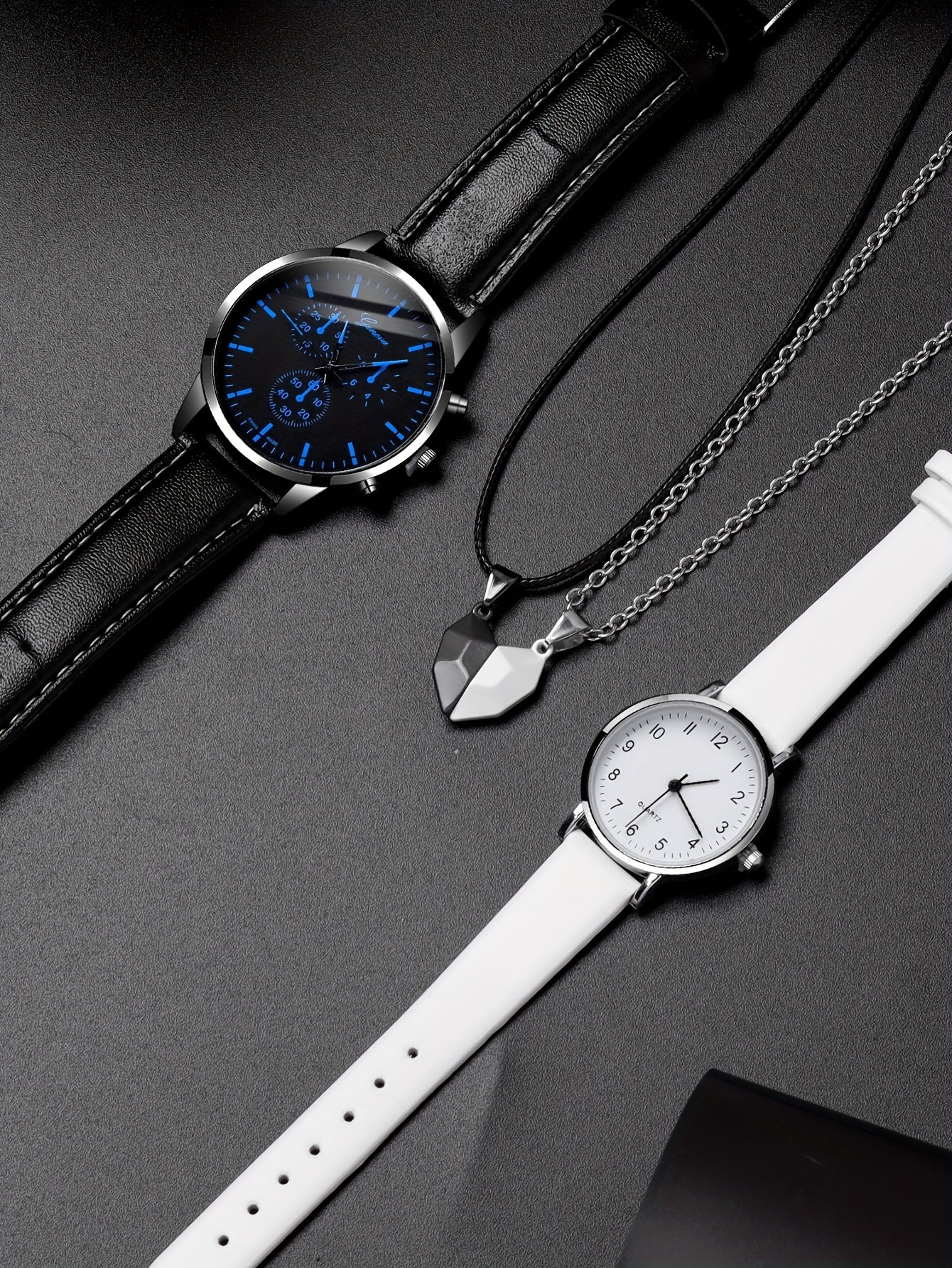 4pcs/set Romantic Couples Watch & Necklace Set - Stylish Quartz Watches with Adjustable Leather Bands & Matching Heart Pendants, Perfect Valentines Day Gift for Lovers