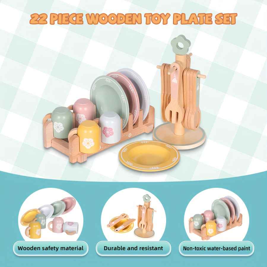 22pcs Play Kitchen Accessories Wooden Toys For Kids 3+, Kids Kitchen Play Set Wooden, Toys Pretend Play Kitchen Set For Kids 3+, Realistic Dishes Presents For Girls Boys