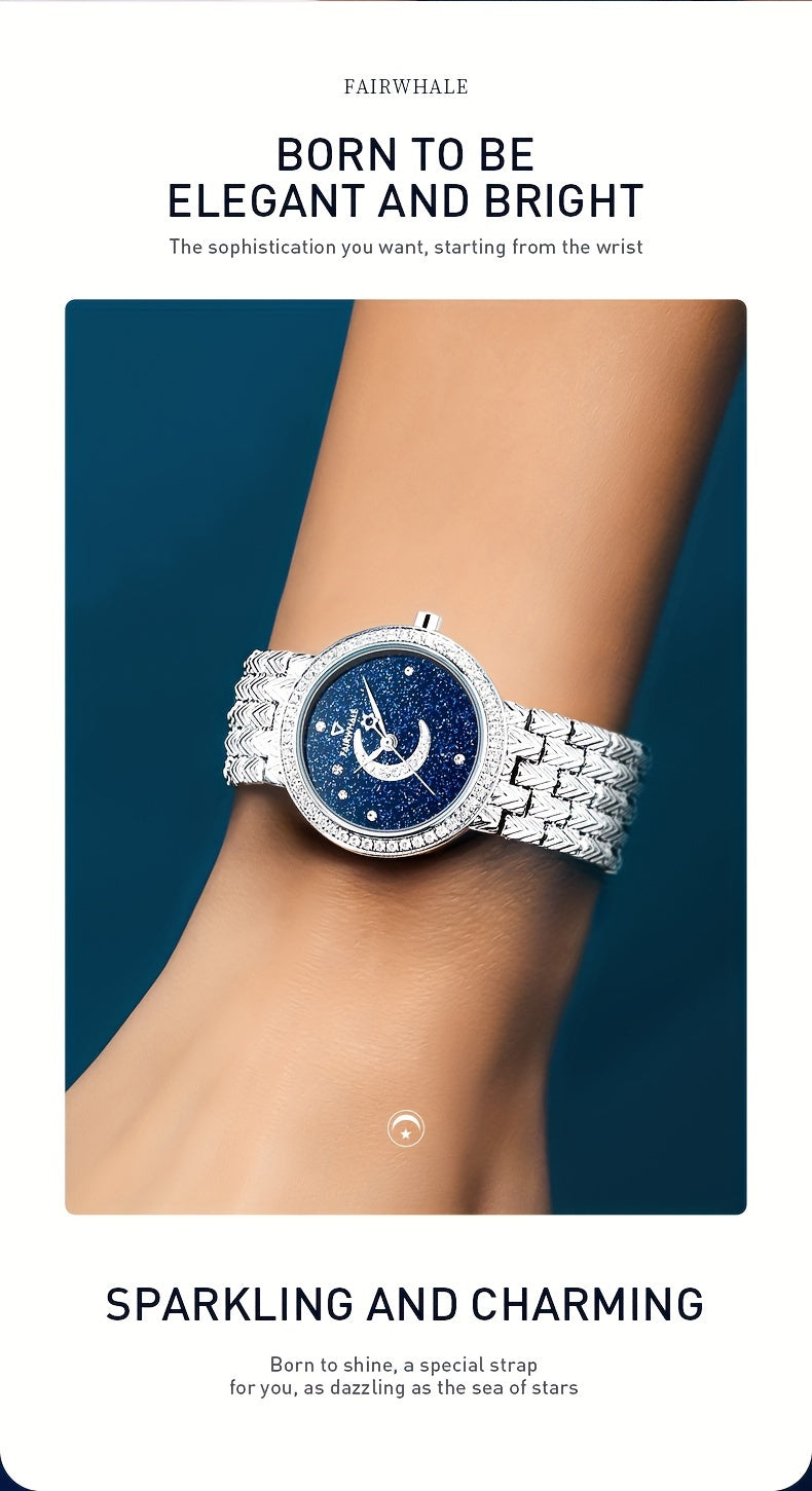 Round Quartz Watches Stainless Steel Strap Alloy Pointer Stainless Steel Rhinestone Dial Luminous Moon Phase Starry Sky Watches Gifts For Eid