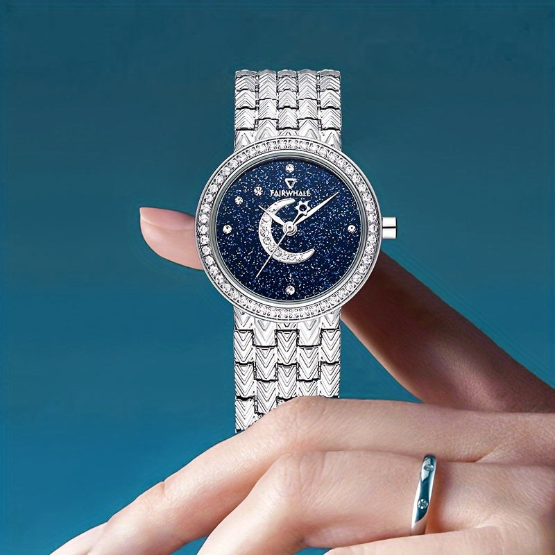 Round Quartz Watches Stainless Steel Strap Alloy Pointer Stainless Steel Rhinestone Dial Luminous Moon Phase Starry Sky Watches Gifts For Eid