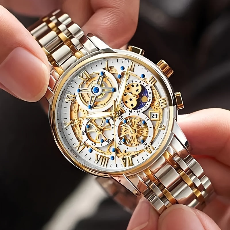 [LIGE Luxury Watch] LIGE Luxury Business Men's Watch - Stainless Steel Strap Fashion Creative Gear Dial Luminous Calendar Quartz Watches - Suitable for Family Gatherings as Gifts