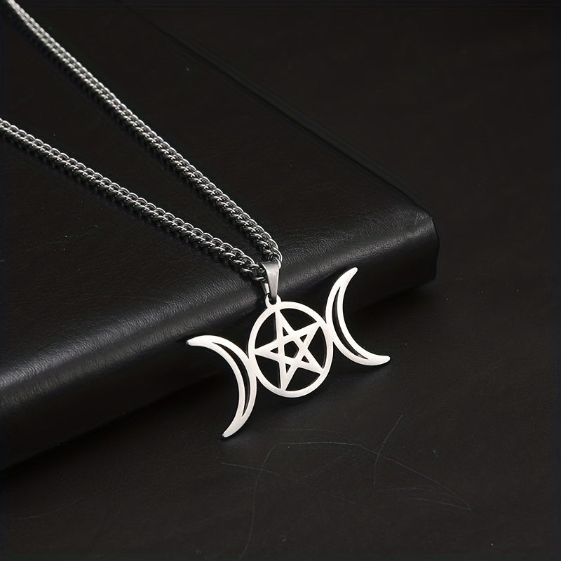 Moon Pentagram Round Pendant Necklace Stainless Steel Amulet Necklaces Jewelry
