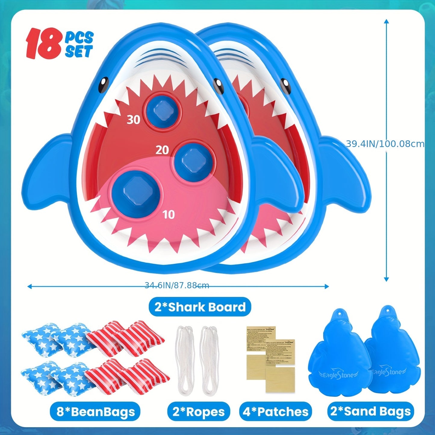 Eaglestone 2pcs Pool Shark Cornhole Toys For Kids, Inflatable Swimming Pool Toys For Adults Family, 8 Bean Bags Toss Game W/Sandbag Anchor, Floating Outdoor Beach Toys For Pool Game Party, Water Toy