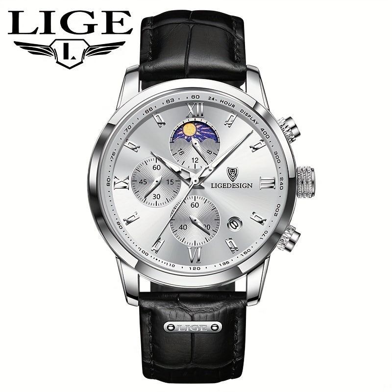 LIGE Men's Watch with Strap. Outdoor Sports Waterproof Watches. Chronograph Luminous Calendar Quartzwatches. Suitable as a Christmas gift.