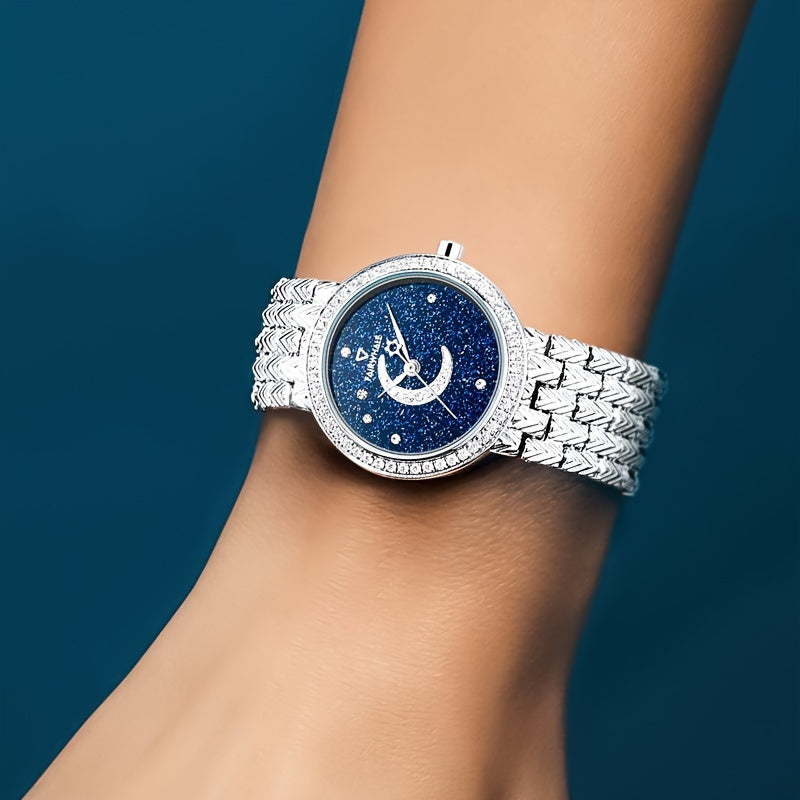 Round Quartz Watches Stainless Steel Strap Alloy Pointer Stainless Steel Rhinestone Dial Luminous Moon Phase Starry Sky Watches Gifts For Eid