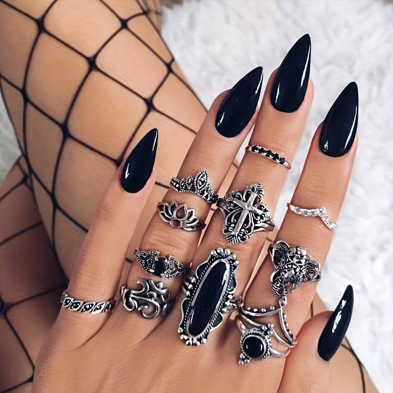 12pcs Gothic Style Stacking Rings Trendy Cross/ Lotus/ Crown Design Mix And Match For Daily Outfits Perfect Accessories For Cool ladies
