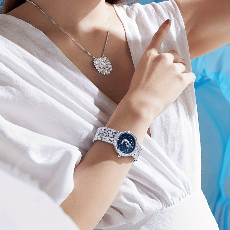 Round Quartz Watches Stainless Steel Strap Alloy Pointer Stainless Steel Rhinestone Dial Luminous Moon Phase Starry Sky Watches Gifts For Eid