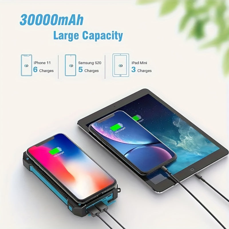 30000mAh Wireless Solar Power Bank with 3 Cables & LED Flashlight, Portable Solar Charger for iPhone & Android Phones