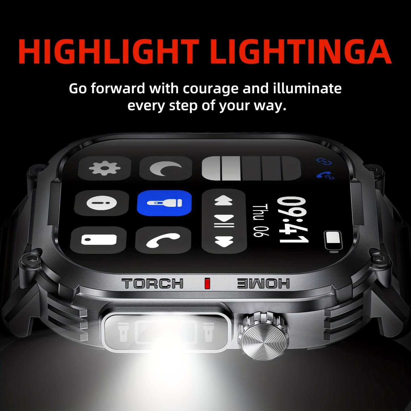 2.02" Smartwatch IP68 Waterproof for Men Women, Answer/Dial Calls Watch with LED Flashlight, Full Touch Screen Compatible with iPhone and Android Phones - Black