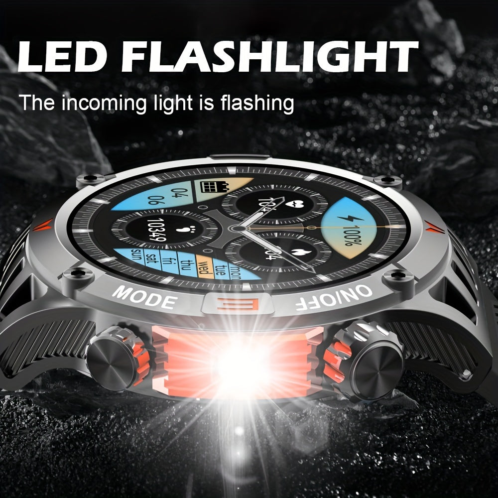 Military Smart Watch For Men Answer/Make Call, Outdoor Waterproof Tactical Sports Smartwatch With LED Flashlight Compass, Sleep Monitor Fitness Tracker Watches For IP Android Phone