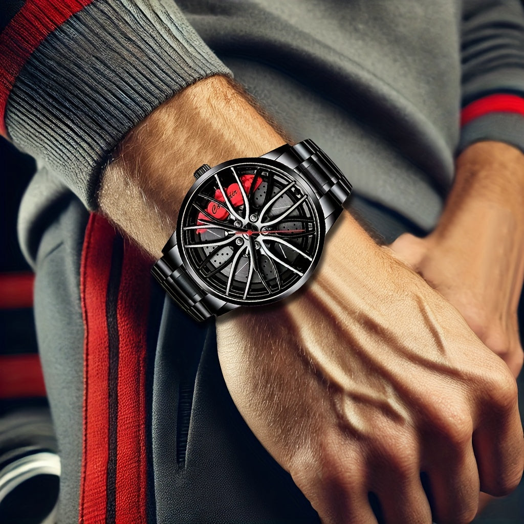 1pc Men's Trendy Black Alloy Sports Car Wheel Hub Design Quartz Watch - Fashionable Wrist Watches with Stylish Hubcap Pattern, Water Resistant and Accurate Timekeeping - Perfect for Outdoor Enthusiasts and Car Lovers