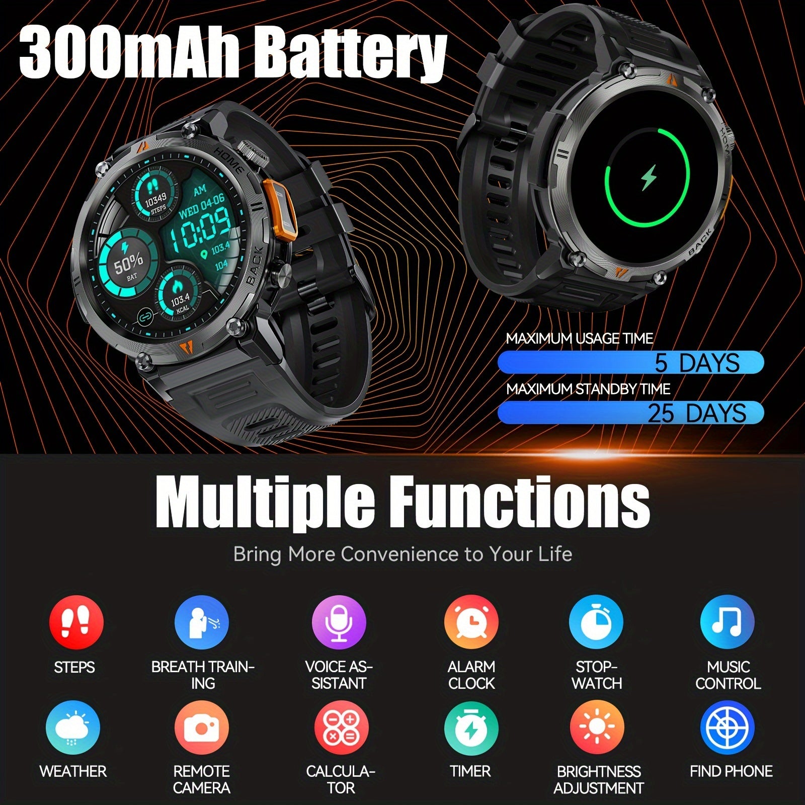 KE3 Sports Smart Watch for Men with Flashlight, LED Lighting, Answer/Make Calls, IPX8 Outdoor Sports Watch, Fitness Tracker, Pedometer, HD Touch Smartwatch, Smart Watches Compatible with iPhone And Android Phones