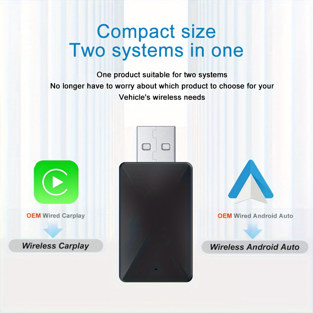 Universal 2-in-1 Wireless CarPlay and Android Auto Adapter - Plug & Play, Wi-Fi-Enabled, Low Latency Converter for iPhone iOS 12+ & Android Phones 11+, Car Media Interface Accessory Without Battery