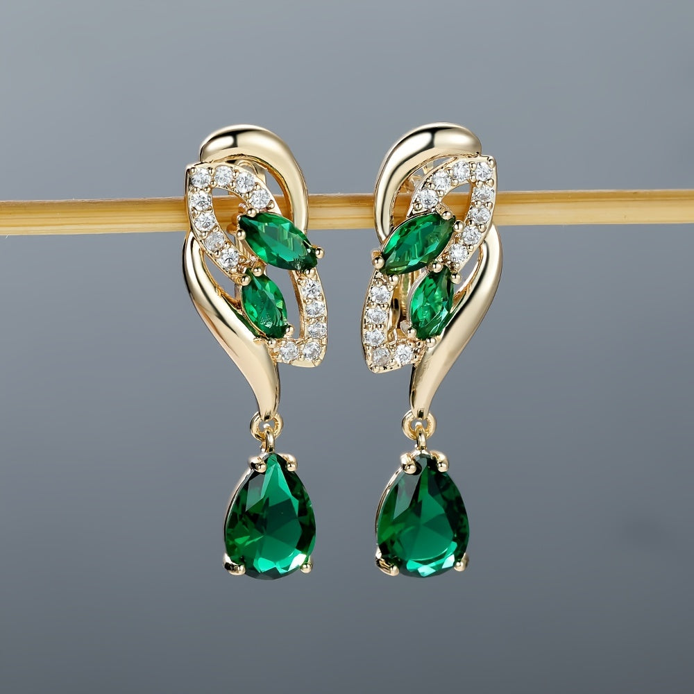 ANGOL Romantic Flower Dangle Earrings for Women - Golden-Tone Floral Design with Red & Clear Synthetic Gemstones, Elegant Party & Everyday Jewelry Gifts