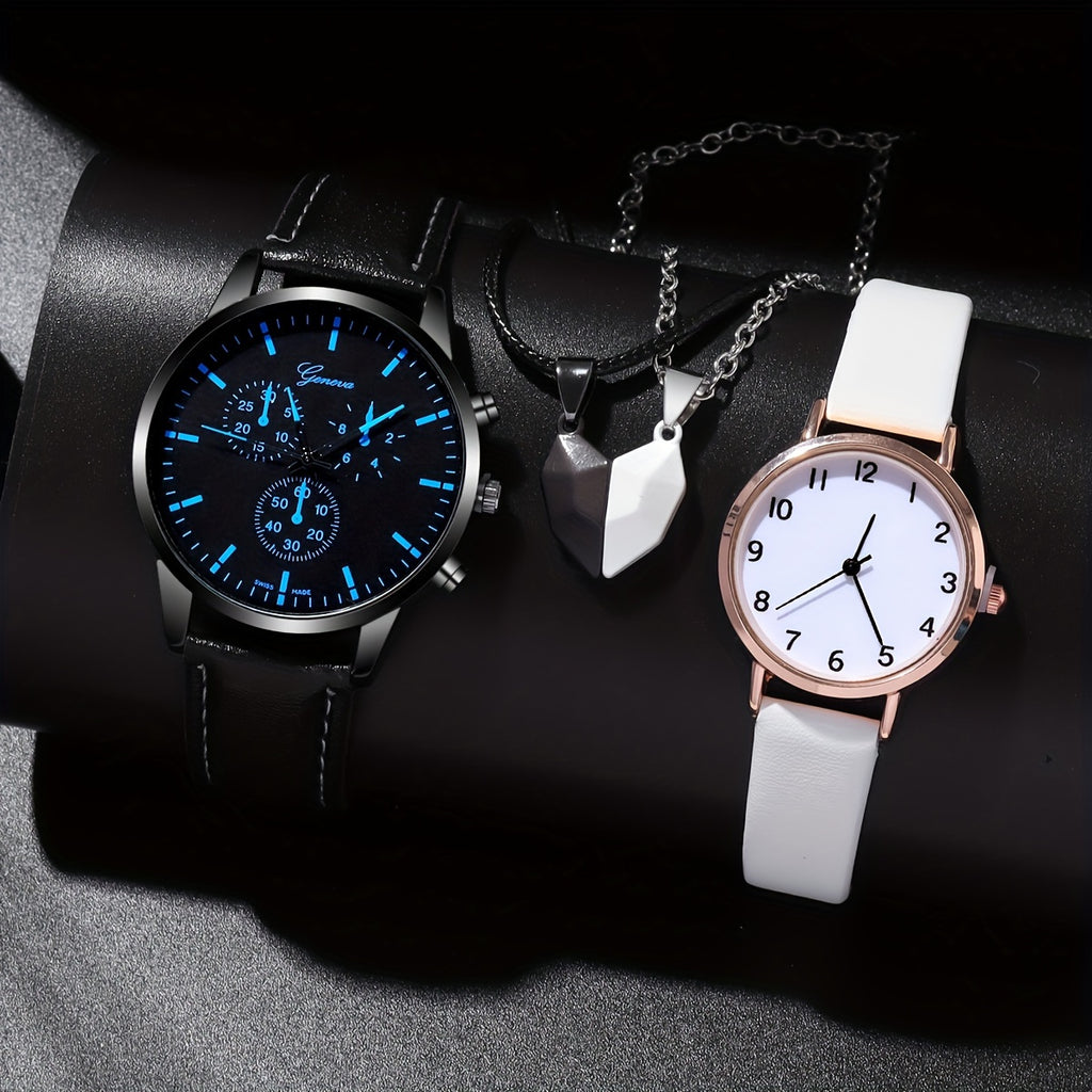 4pcs/set Romantic Couples Watch & Necklace Set - Stylish Quartz Watches with Adjustable Leather Bands & Matching Heart Pendants, Perfect Valentines Day Gift for Lovers