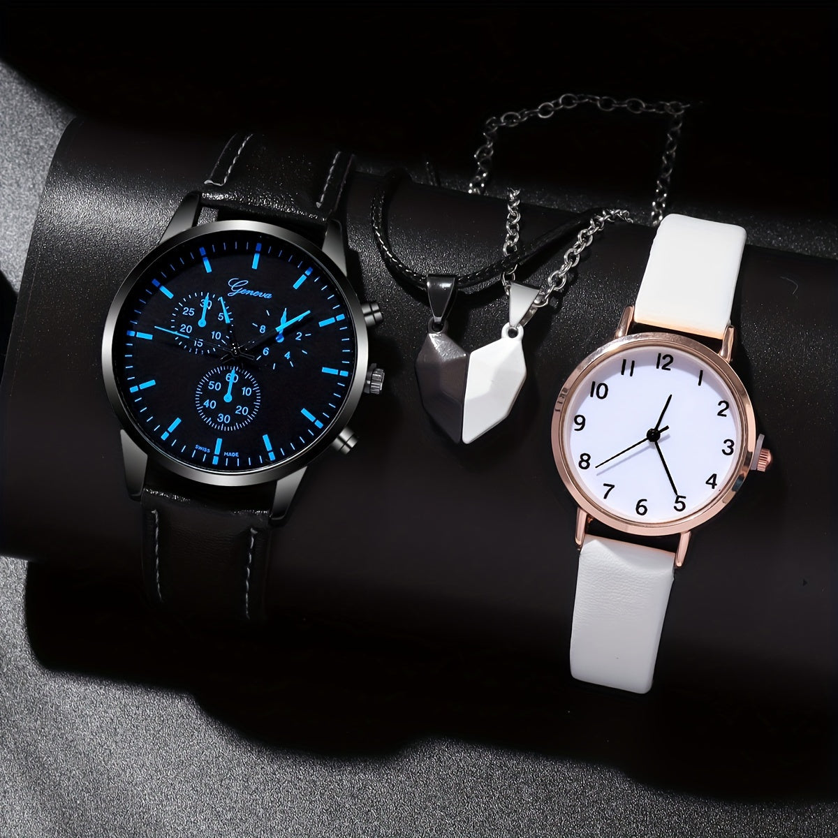 4pcs/set Romantic Couples Watch & Necklace Set - Stylish Quartz Watches with Adjustable Leather Bands & Matching Heart Pendants, Perfect Valentines Day Gift for Lovers