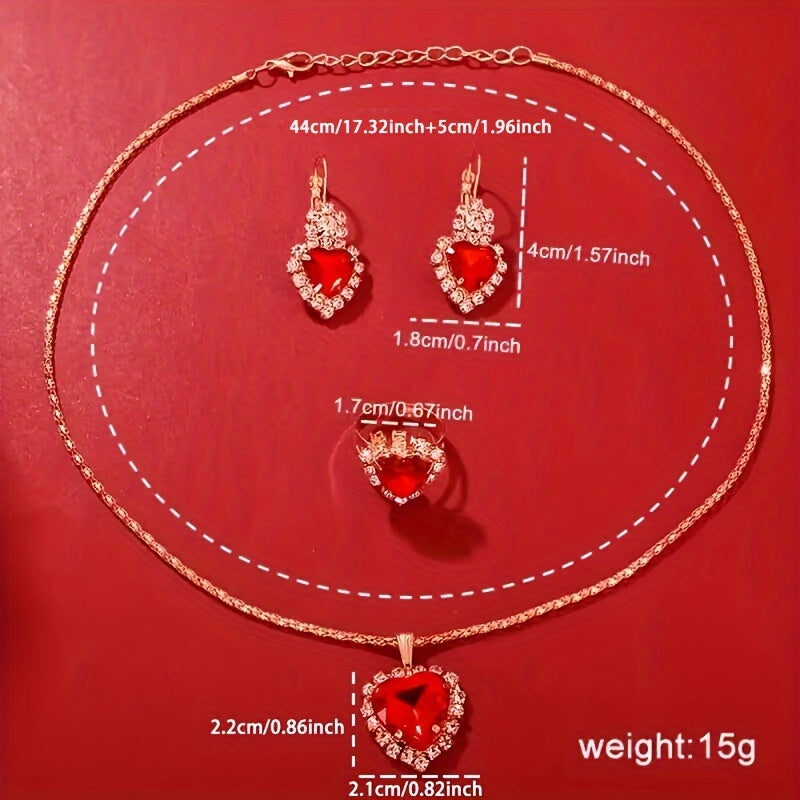 5 Pcs Red Quartz Watches PU Leather Strap Zinc Alloy Pointer Zinc Alloy Dial And Rhinestone Necklace Ring Jewelry For Valentine's Day, Easter Ramadan, Birthday, Mother's Day Gifts For Eid