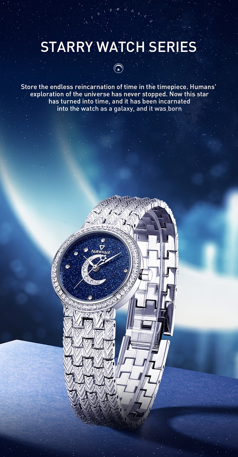 Round Quartz Watches Stainless Steel Strap Alloy Pointer Stainless Steel Rhinestone Dial Luminous Moon Phase Starry Sky Watches Gifts For Eid