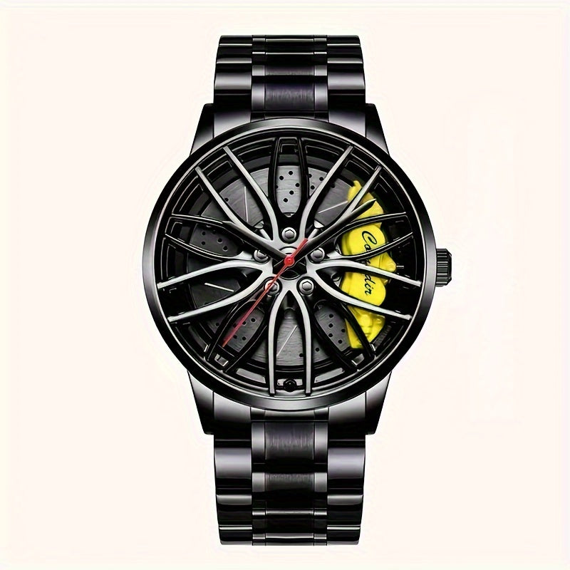 1pc Men's Trendy Black Alloy Sports Car Wheel Hub Design Quartz Watch - Fashionable Wrist Watches with Stylish Hubcap Pattern, Water Resistant and Accurate Timekeeping - Perfect for Outdoor Enthusiasts and Car Lovers