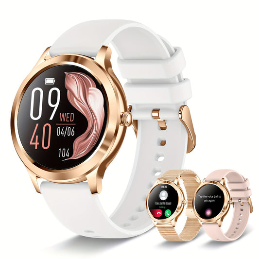 ساعة ذكية هدية للنساء شاشة لمس كاملة 1.32 بوصة ساعة مكالمات ذكية مع الرد وإجراء مكالمة لهواتف iPhone وAndroid رسالة دفع ساعة تتبع اللياقة البدنية عداد الخطوات المسافة السعرات الحرارية أوضاع رياضية حمالة صدر رياضية ذكية
